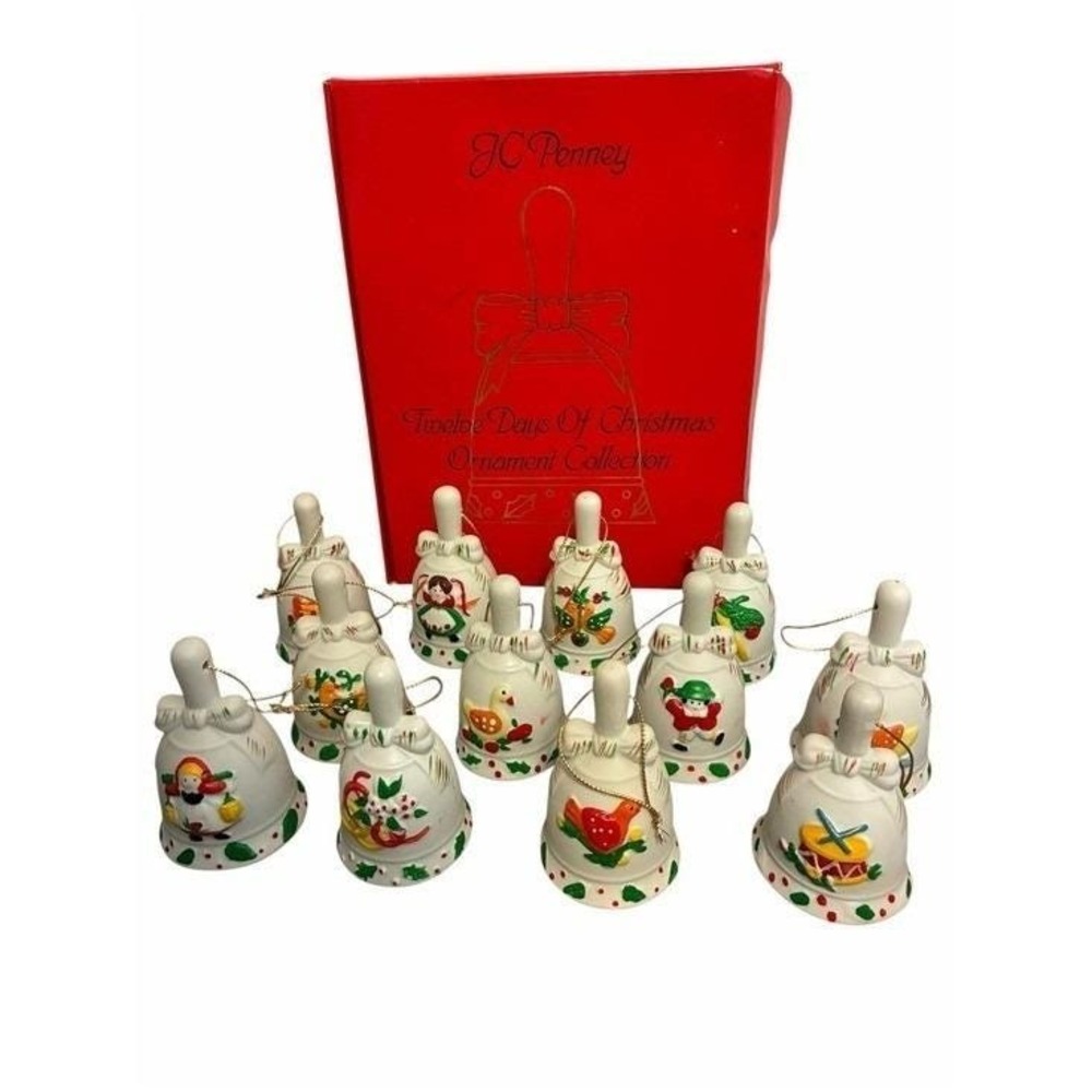 JC Penney Twelve Days Of Christmas Ornament Collection 12 Piece Ceramic Bell Set